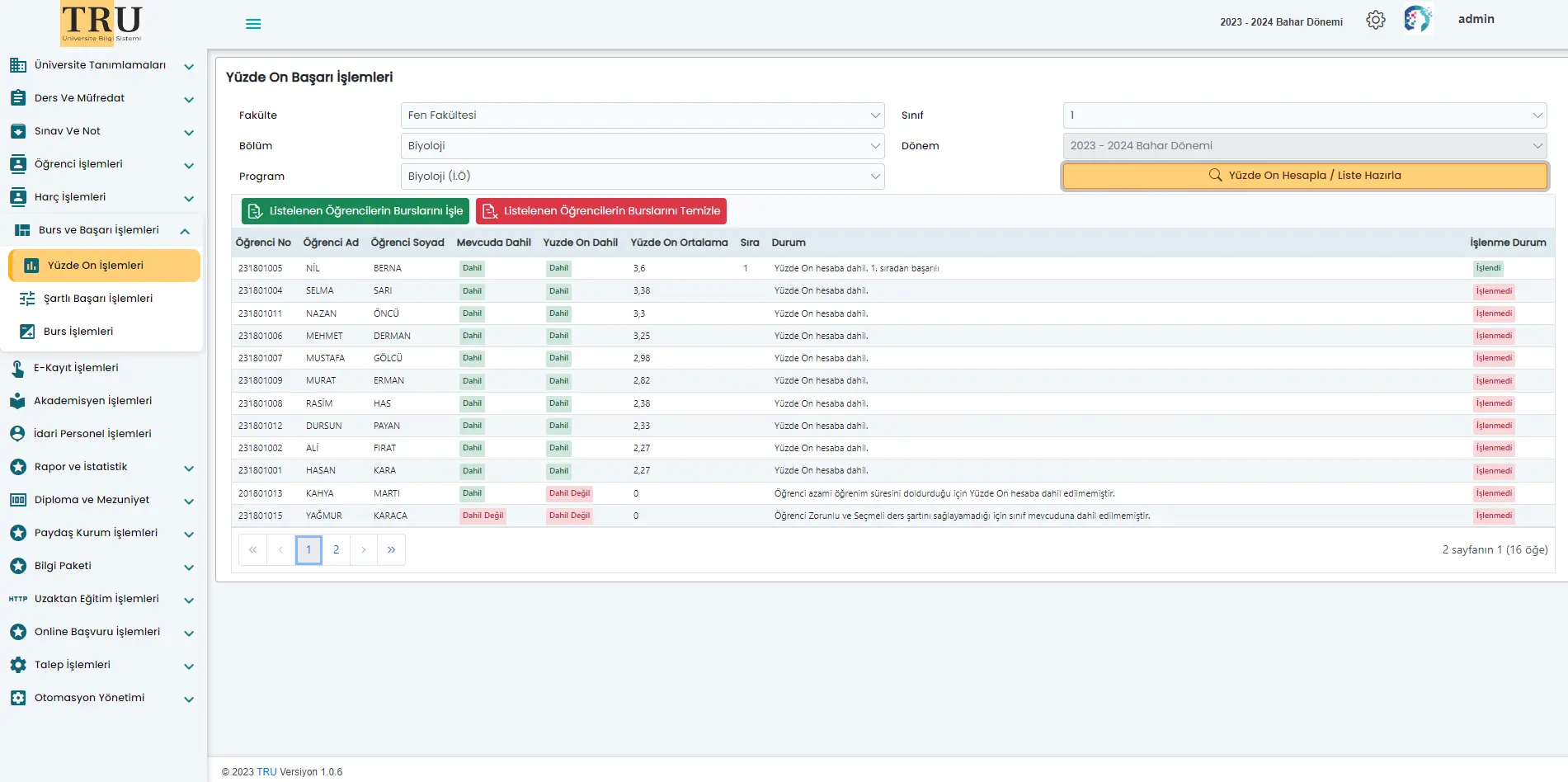 TRU Yazılım Burs ve Başarı İşlemleri
