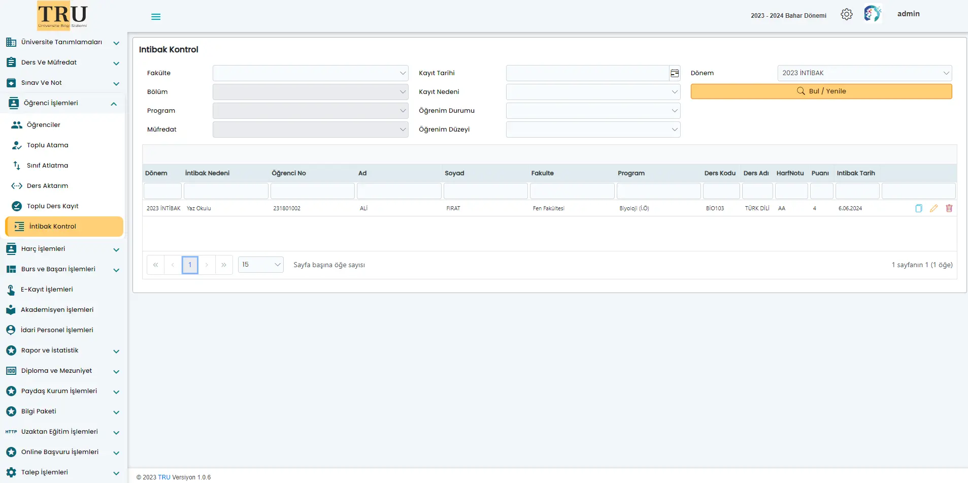 TRU Yazılım İntibak Kontrol